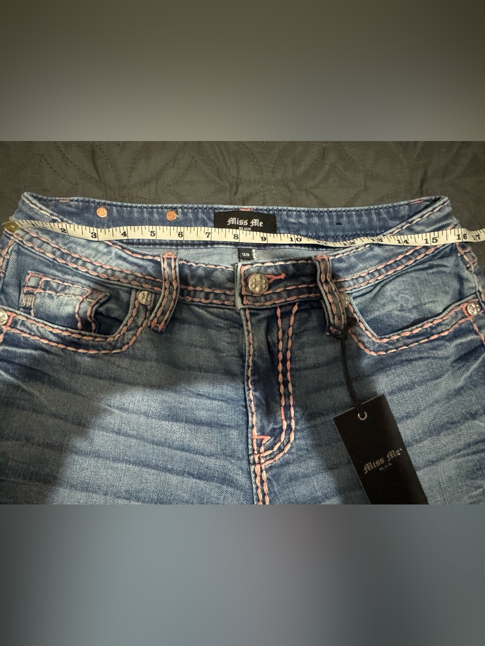 NWT Miss Me Blue Denim Low  Rise wide leg  Jeans with Pink Stitching 29x32